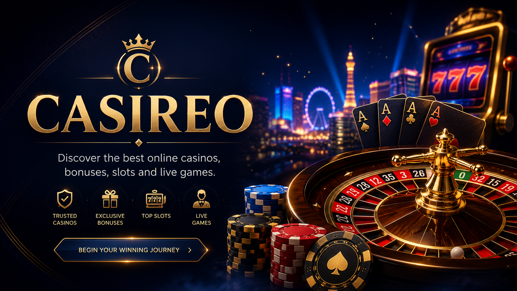 Casireo casino discovery banner with roulette wheel, cards and illuminated skyline